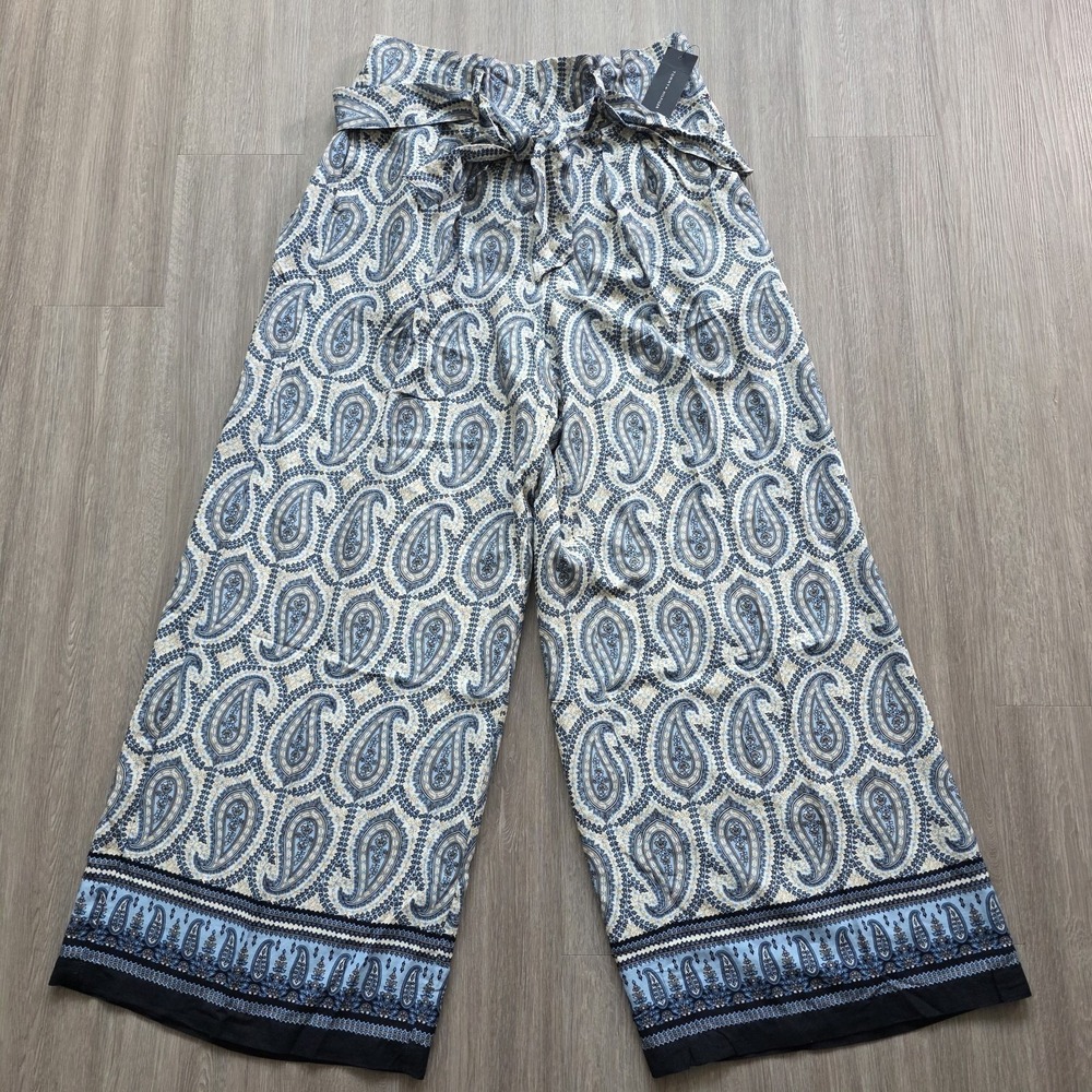 Tommy Hilfiger Womens Large Paisley Wide Leg Paperbag Waist Tie Belt Pants Blue